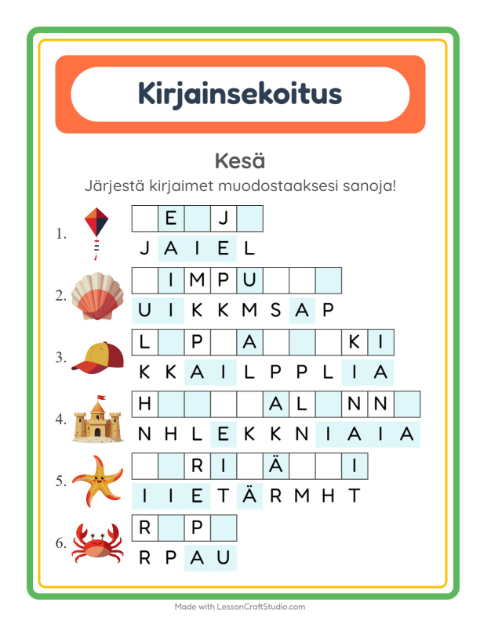 Kirjainsekoitus, helpot sanat – Kesä