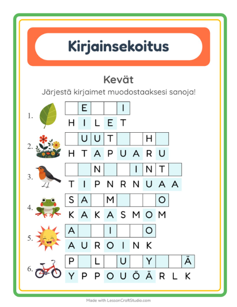 Esikatselu: Kirjainsekoitus-tehtäväarkki, aiheena Kevät, 1. luokka