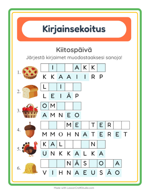 Esikatselu: Kirjainsekoitus-tehtäväarkki, aiheena Kiitospäivä, 1. luokka