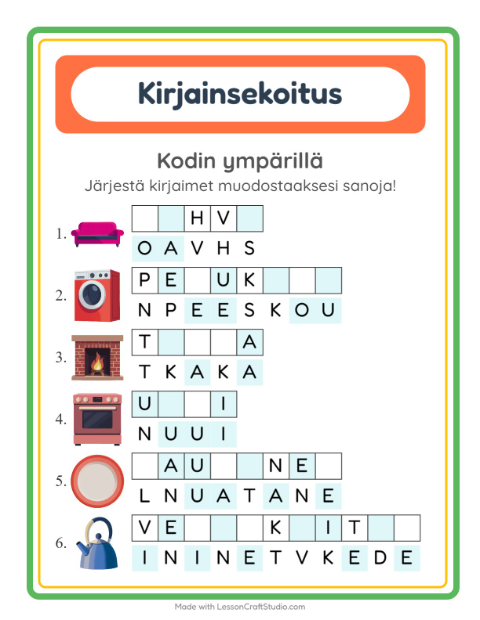 Kirjainsekoitus, helpot sanat – Kodin ympärillä
