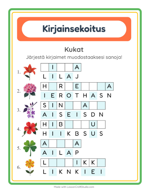 Kirjainsekoitus, helpot sanat – Kukat