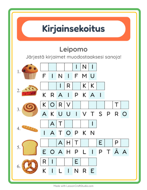 Esikatselu: Kirjainsekoitus-tehtäväarkki, aiheena Leipomo, 1. luokka