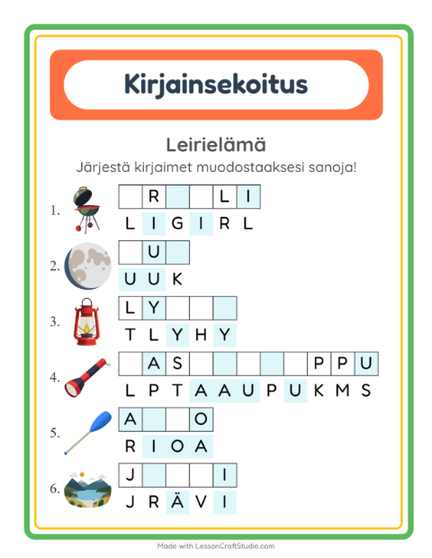 Kirjainsekoitus, helpot sanat – Leirielämä