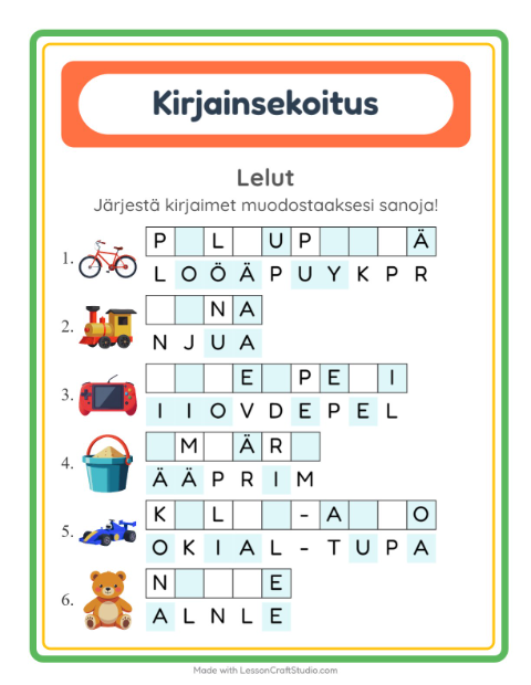 Esikatselu: Kirjainsekoitus-tehtäväarkki, aiheena Lelut, 1. luokka