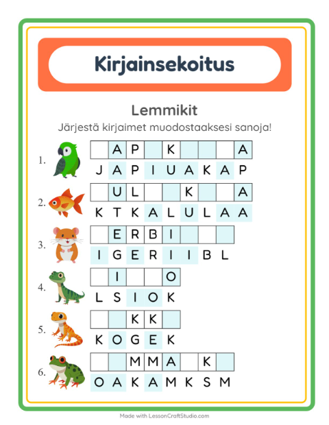 Kirjainsekoitus, helpot sanat – Lemmikit