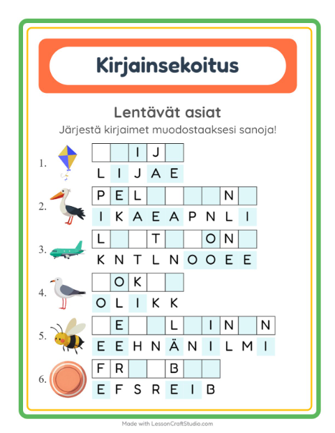 Kirjainsekoitus, helpot sanat – Lentävät asiat