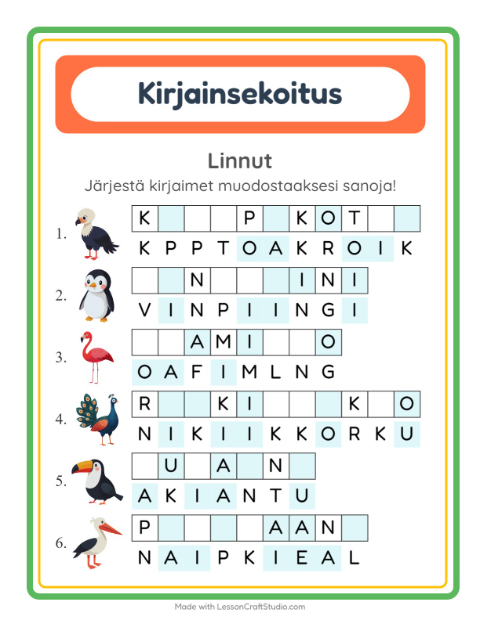 Esikatselu: Kirjainsekoitus-tehtäväarkki, aiheena Linnut, 1. luokka