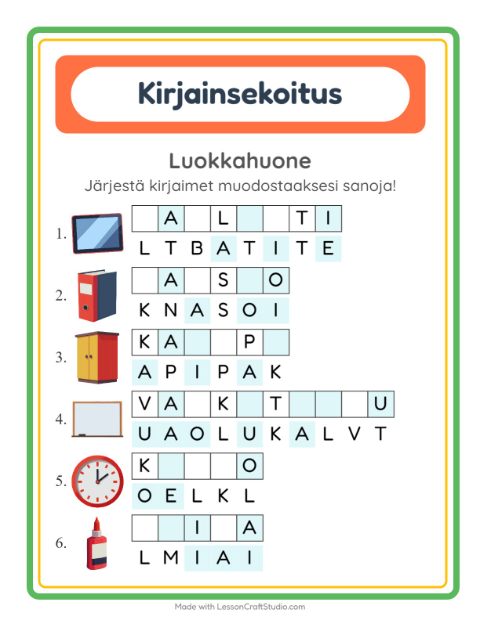 Kirjainsekoitus, helpot sanat – Luokkahuone