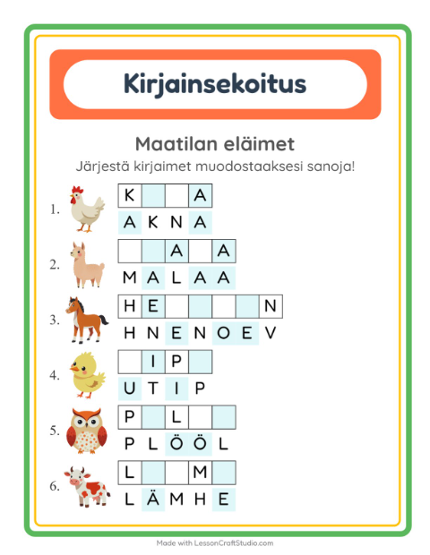 Esikatselu: Kirjainsekoitus-tehtäväarkki, aiheena Maatilan eläimet, 1. luokka