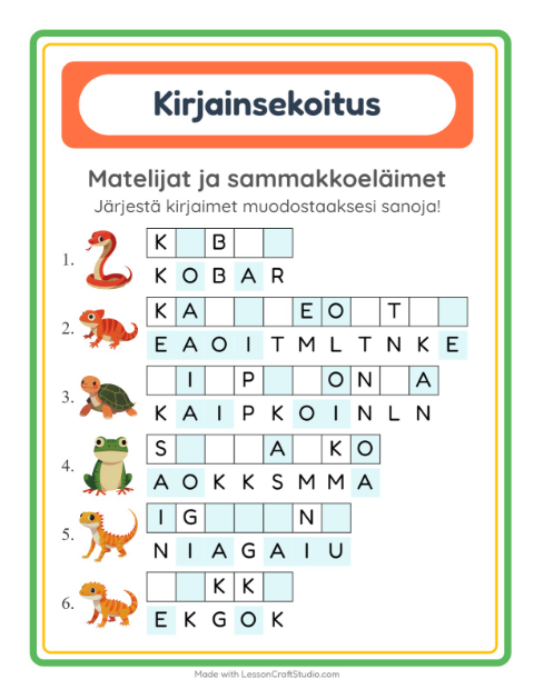 Esikatselu: Kirjainsekoitus-tehtäväarkki, aiheena Matelijat ja sammakkoeläimet, 1. luokka