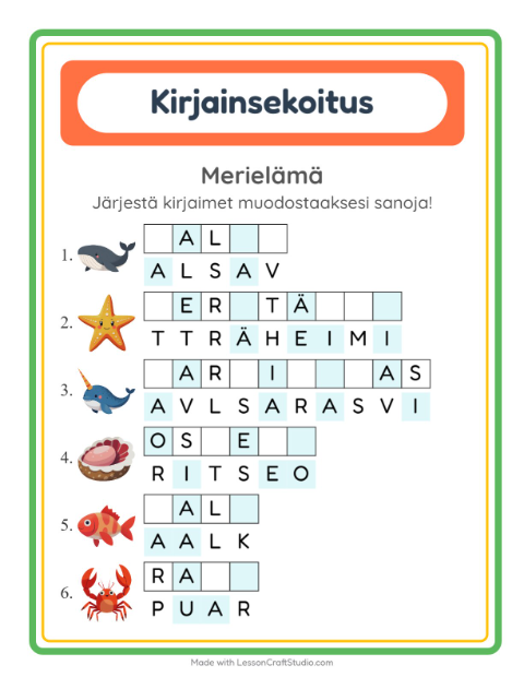 Kirjainsekoitus, helpot sanat – Merielämä