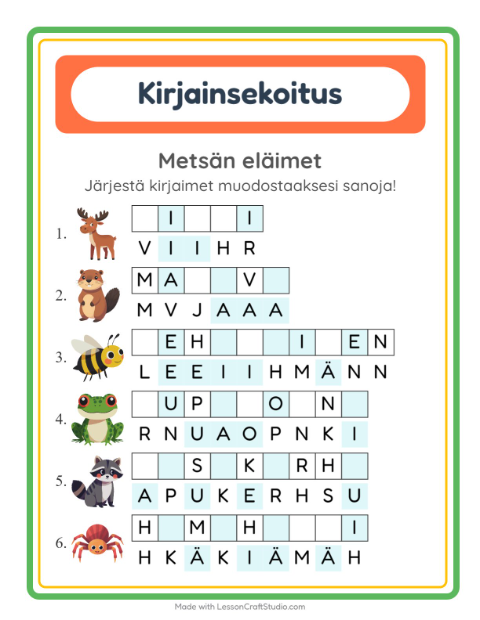 Esikatselu: Kirjainsekoitus-tehtäväarkki, aiheena Metsän eläimet, 1. luokka