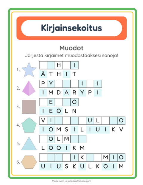 Esikatselu: Kirjainsekoitus-tehtäväarkki, aiheena Muodot, 1. luokka