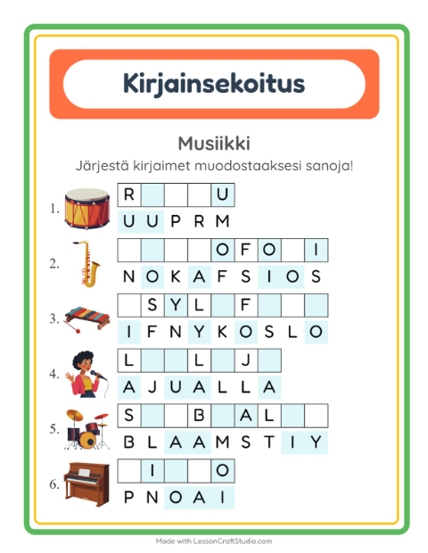 Esikatselu: Kirjainsekoitus-tehtäväarkki, aiheena Musiikki, 1. luokka