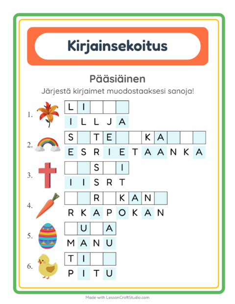 Esikatselu: Kirjainsekoitus-tehtäväarkki, aiheena Pääsiäinen, 1. luokka