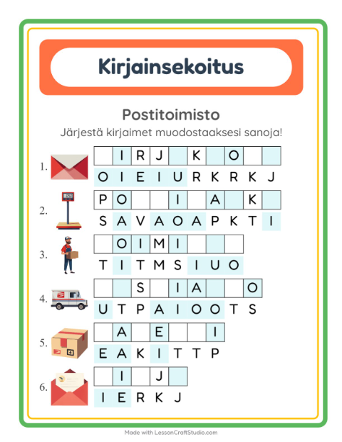 Esikatselu: Kirjainsekoitus-tehtäväarkki, aiheena Postitoimisto, 1. luokka