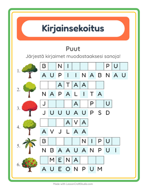 Kirjainsekoitus, helpot sanat – Puut