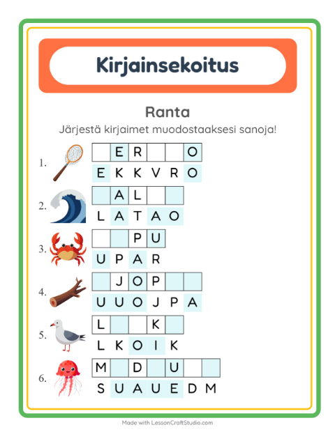 Kirjainsekoitus, helpot sanat – Ranta