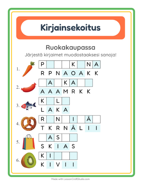 Kirjainsekoitus, helpot sanat – Ruokakaupassa