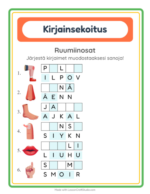 Kirjainsekoitus, helpot sanat – Ruumiinosat