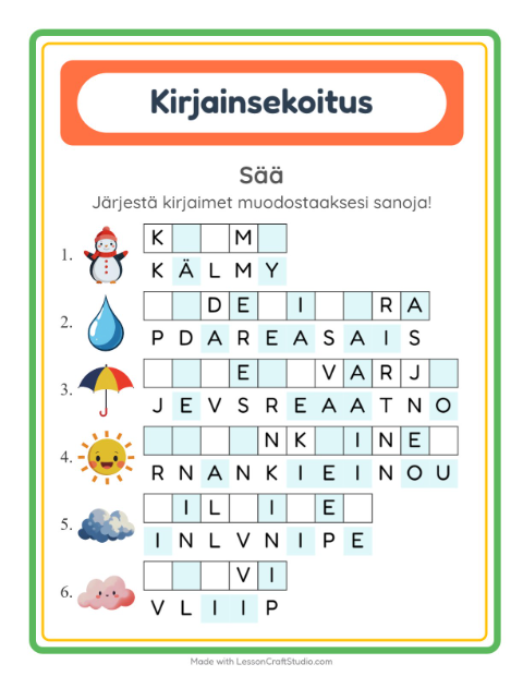 Esikatselu: Kirjainsekoitus-tehtäväarkki, aiheena Sää, 1. luokka
