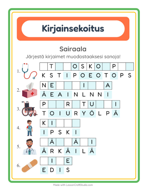 Esikatselu: Kirjainsekoitus-tehtäväarkki, aiheena Sairaala, 1. luokka