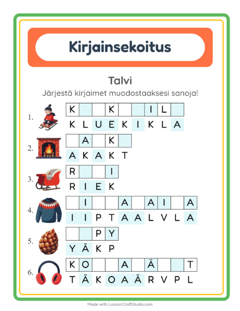 Kirjainsekoitus, helpot sanat – Talvi