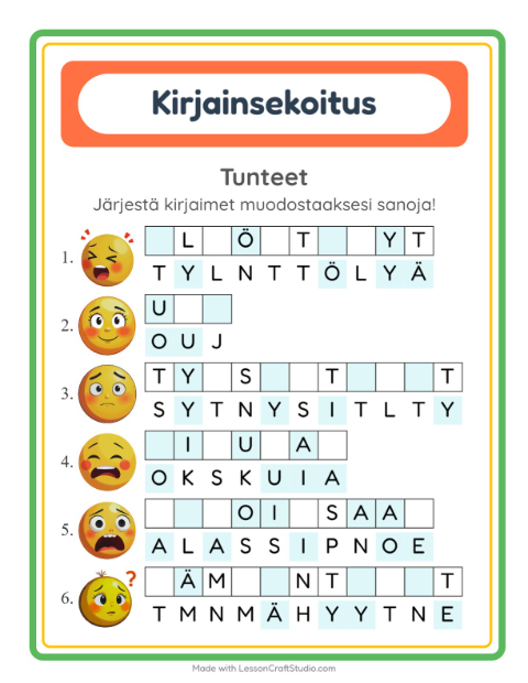 Kirjainsekoitus, helpot sanat – Tunteet