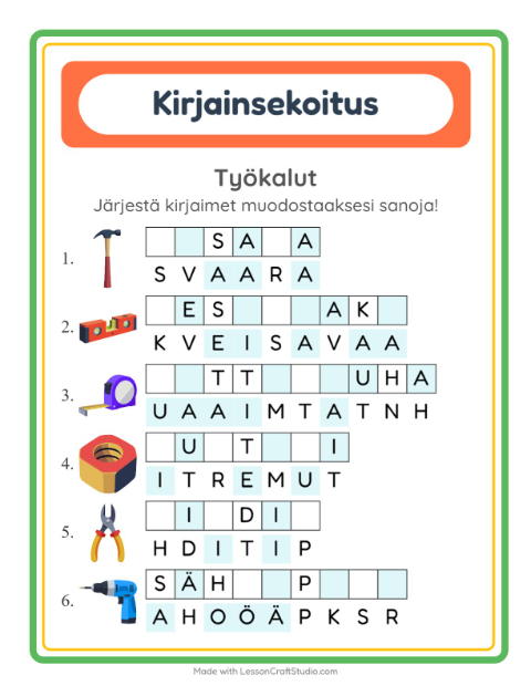 Esikatselu: Kirjainsekoitus-tehtäväarkki, aiheena Työkalut, 1. luokka