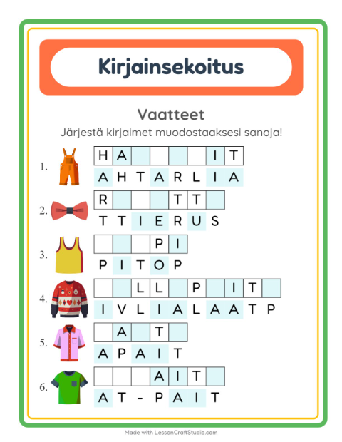 Kirjainsekoitus, helpot sanat – Vaatteet