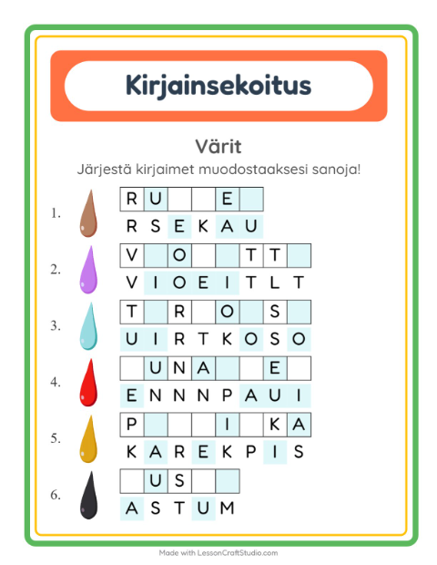 Kirjainsekoitus, helpot sanat – Värit