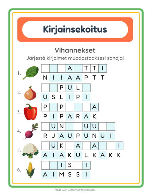 Esikatselu: Kirjainsekoitus-tehtäväarkki, aiheena Vihannekset, 1. luokka