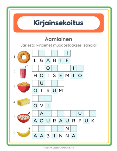 Esikatselu: Kirjainsekoitus-tehtäväarkki, aiheena Aamiainen, 1. luokka