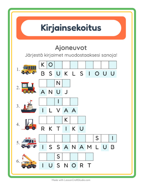 Esikatselu: Kirjainsekoitus-tehtäväarkki, aiheena Ajoneuvot, 1. luokka