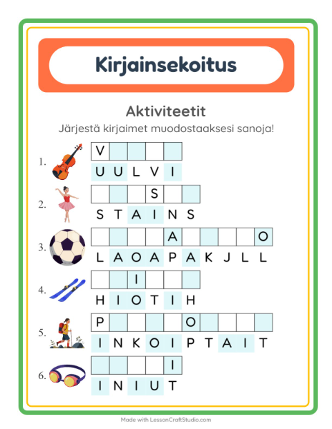 Esikatselu: Kirjainsekoitus-tehtäväarkki, aiheena Aktiviteetit, 1. luokka