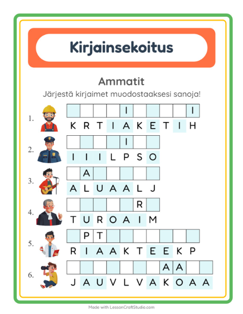 Esikatselu: Kirjainsekoitus-tehtäväarkki, aiheena Ammatit, 1. luokka