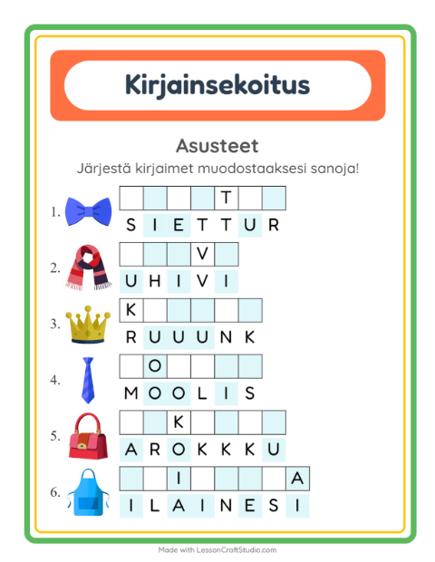 Esikatselu: Kirjainsekoitus-tehtäväarkki, aiheena Asusteet, 1. luokka