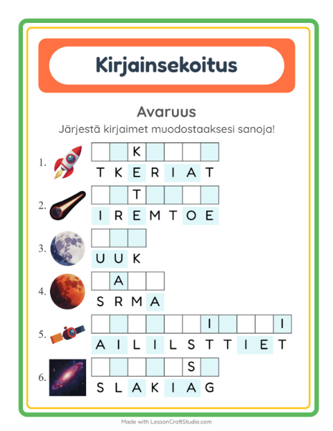 Esikatselu: Kirjainsekoitus-tehtäväarkki, aiheena Avaruus, 1. luokka