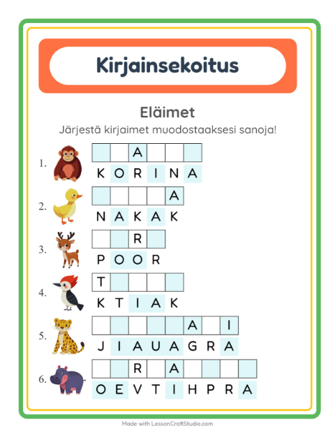 Esikatselu: Kirjainsekoitus-tehtäväarkki, aiheena Eläimet, 1. luokka