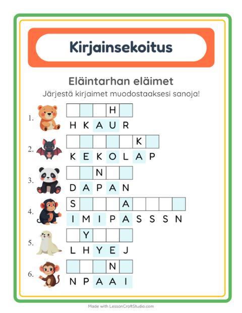Esikatselu: Kirjainsekoitus-tehtäväarkki, aiheena Eläintarhan eläimet, 1. luokka