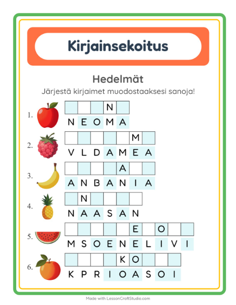 Esikatselu: Kirjainsekoitus-tehtäväarkki, aiheena Hedelmät, 1. luokka