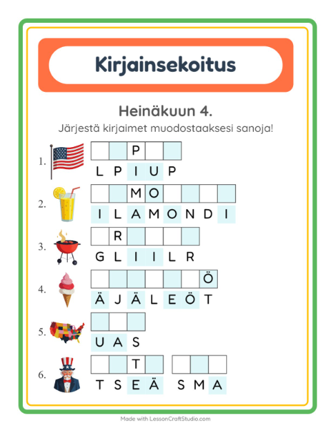 Esikatselu: Kirjainsekoitus-tehtäväarkki, aiheena Heinäkuun 4., 1. luokka