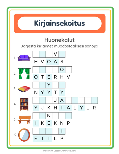 Esikatselu: Kirjainsekoitus-tehtäväarkki, aiheena Huonekalut, 1. luokka