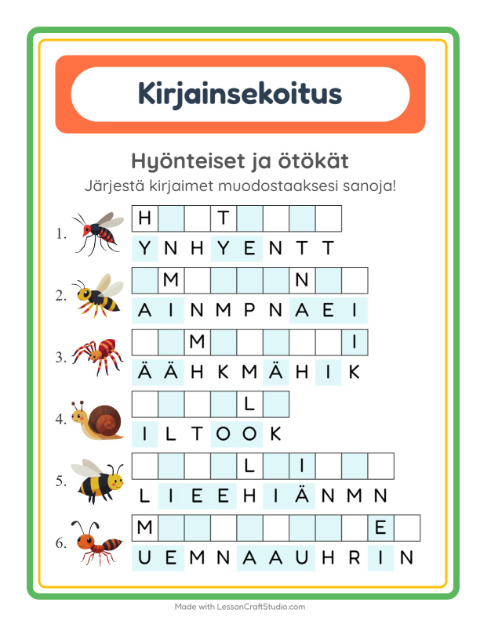 Esikatselu: Kirjainsekoitus-tehtäväarkki, aiheena Hyönteiset ja ötökät, 1. luokka