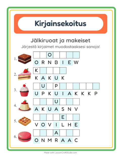 Esikatselu: Kirjainsekoitus-tehtäväarkki, aiheena Jälkiruoat ja makeiset, 1. luokka