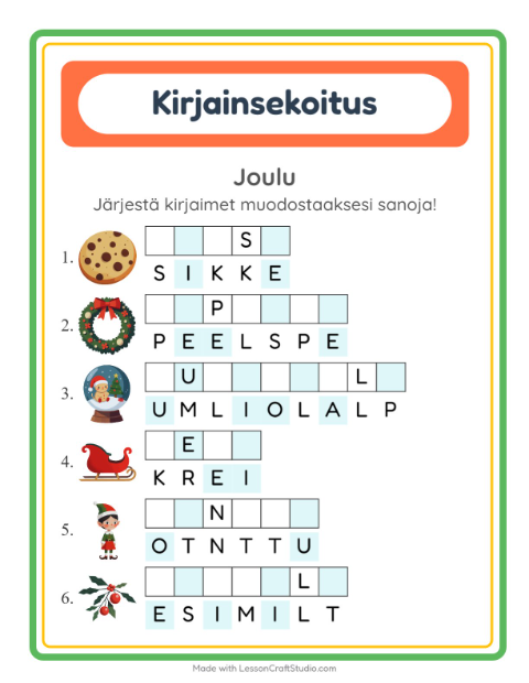 Esikatselu: Kirjainsekoitus-tehtäväarkki, aiheena Joulu, 1. luokka