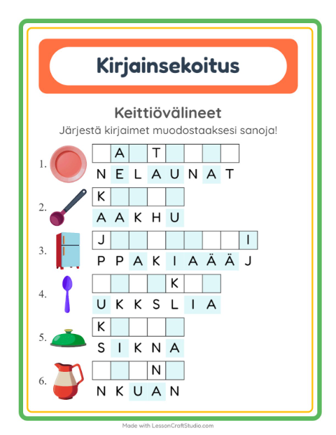 Esikatselu: Kirjainsekoitus-tehtäväarkki, aiheena Keittiövälineet, 1. luokka