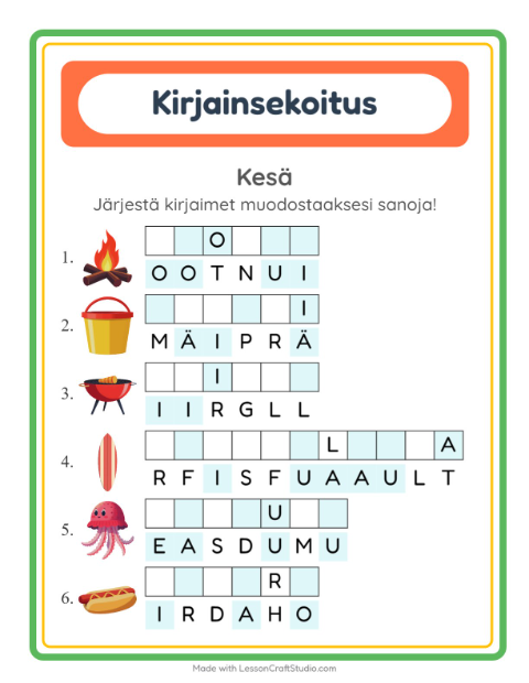 Esikatselu: Kirjainsekoitus-tehtäväarkki, aiheena Kesä, 1. luokka