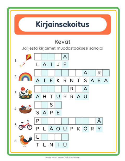Esikatselu: Kirjainsekoitus-tehtäväarkki, aiheena Kevät, 1. luokka
