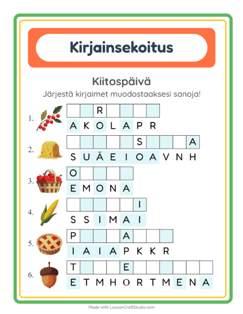 Esikatselu: Kirjainsekoitus-tehtäväarkki, aiheena Kiitospäivä, 1. luokka